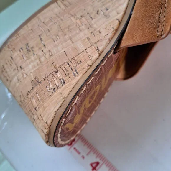 Sam Edelman Sandals Womens 8 Tan Suede Open-Toe Cork Wedge Slip-on - Picture 4 of 7